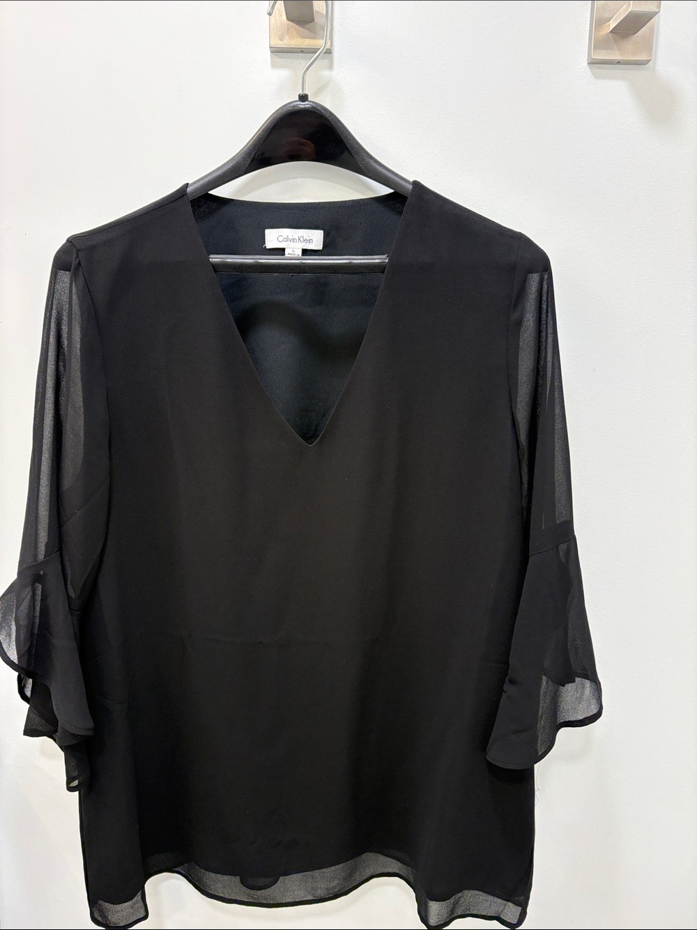 Calvin Klein Black V-Neck Sheer Ruffle Sleeve Blouse